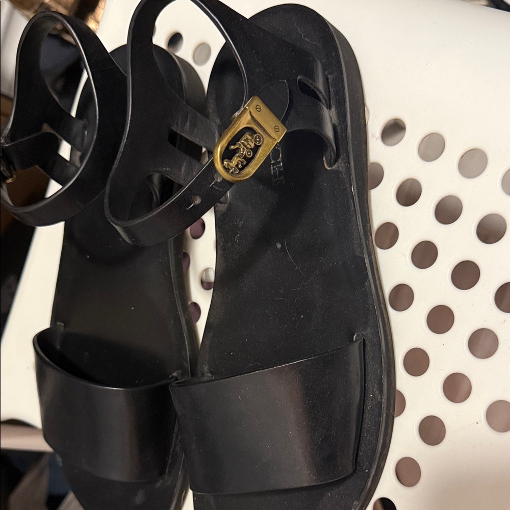 Coach Black Leather Sandals with Gold Accents - Picture 2 of 5